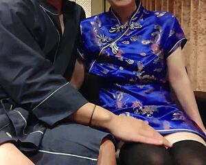 Amateur Chinese Dress Girl Sucks Cock Licks Then Fucks In Bed Uniform!