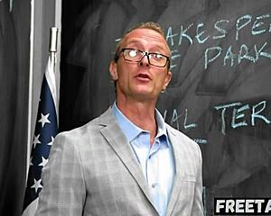 Rough discipline for bratty student caught on phone spanking her hairy pussy creampie in class