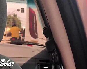 Young amateur brunette starts masturbating in uber but ends offering her tight ass outdoors