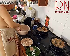 Nudist Housewife Regina Noir Strips Naked in Kitchen as Voyeur Maid Plays with Tits