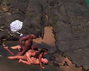 jade sin's tight holes double stuffed by white black cocks outdoors