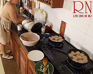 Nudist Housewife Regina Noir Strips Naked in Kitchen as Voyeur Maid Plays with Tits