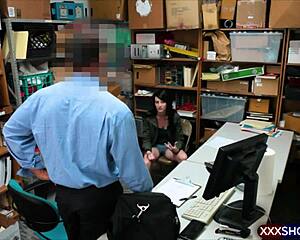 that petite brunette teen shoplifter's heart races as she bends for blowjob and doggystyle after getting caught