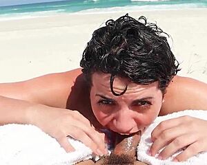 Skinny Brunette Teen Deepthroats Big Ass Pussy Licker on Beach Before Facial Cumshot