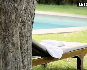 cheating freckled latina milf wife with big tits and ass rides monster cocked gardener poolside on vacation swallowing his cumshot sideways