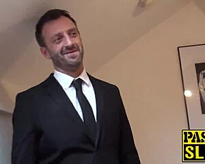 a bound uk redhead gets choked hard while riding cock in rough session