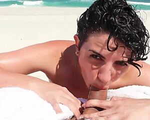 Skinny Brunette Teen Deepthroats Big Ass Pussy Licker on Beach Before Facial Cumshot