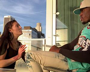 a sunset creampie ride with her hairy pussy moaning loud