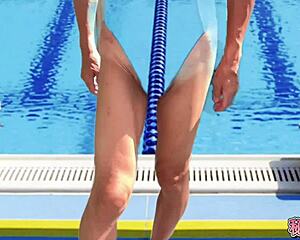 She tries new bikini by pool, asks if it fits just right outdoors