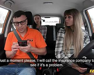 two czech babes with perfect big tits and asses suck and fuck in fake driving school threesome
