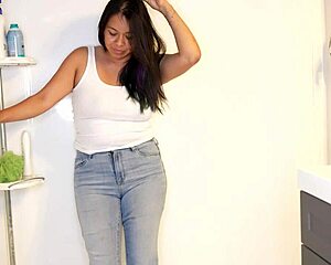 latina soaks jeans panties before stripping for shower