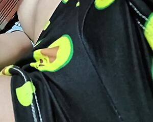 the curvy colombian brunette neighbor in miniskirt strips teasing her huge natural tits on video call with dildo play