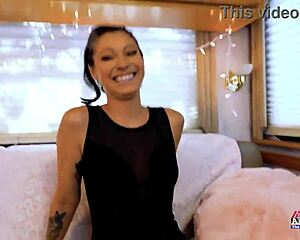 Skinny Big-Titted Brunette Raven Lane Strips Masturbates in RV