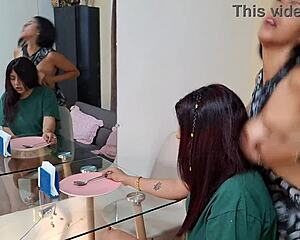 Beautiful busty stepmom and curvy stepdaughter share wet lesbian licks on New Year's.