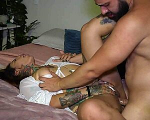 Inked girl next door sneaks rough fuck with married muscular neighbor's monster cock