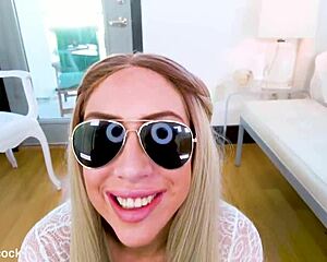 sunny chase delivers hands-free blowjob on huge cock then swallows every drop