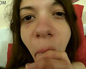 stepsister slut teases her big natural tits hairy pussy with dildo footjob