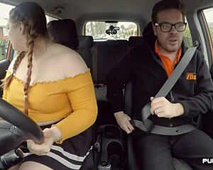 Chubby english woman rides her instructor publicly in the car outdoors
