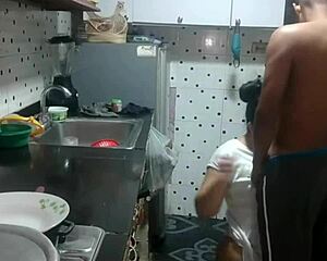 her stepsister's boyfriend eyes her big ass in the kitchen and gives in