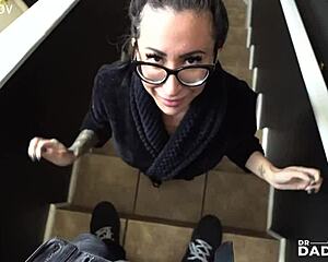 Lily Lane glasses hottie milks cum on her big tits