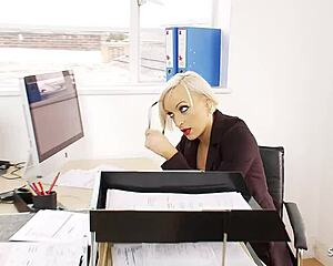 Two sexy femdom milfs bind big dick guy for rough office threesome fuck