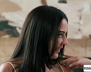 straight brunette chats up three lesbians for her first time