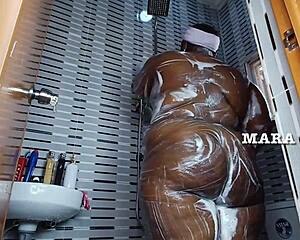 ebony nigerian mara exotic bends over in shower for muscular man's standing doggystyle ass shaking pound