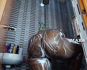 ebony nigerian mara exotic bends over in shower for muscular man's standing doggystyle ass shaking pound