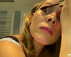 Amateur brunette milf mommy next door strips teasing huge fake tits in homemade solo show