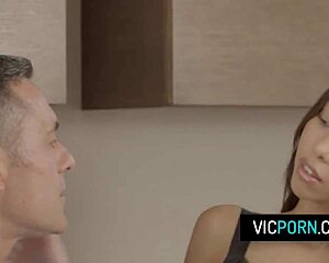 Whoa! Skinny brunette babe Lia Lin takes sideways pounding from her partner's monster cock!