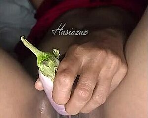 She explores her body with veggies and spicy fingering for intense pleasure