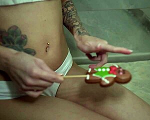 tattooed cutie sucks lollipop then rides huge dildo to squirting orgasm