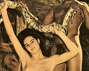 vintage hairy pussy teased outdoors with retro pooch play