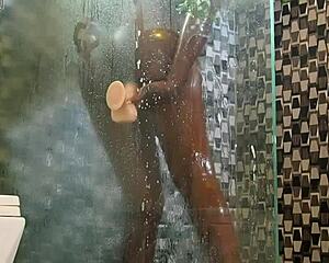 hot ebony milf kate plays with her new toy in the shower then gets caught and fucked by black daddy