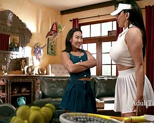 Petite kimmy kimm under romi rain's huge tits hints at kinky lesbian fingering frenzy