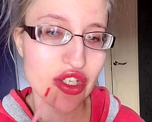 pink lipstick banana munch with glasses and long nails, asmr lip food fetish explosion!!