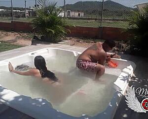 She strips naked for bareback lover fuck in in-laws jacuzzi