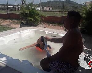 She strips naked for bareback lover fuck in in-laws jacuzzi