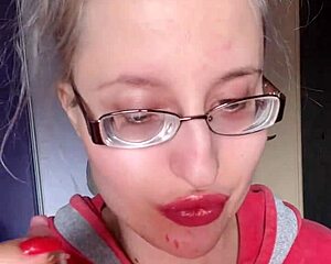 pink lipstick banana munch with glasses and long nails, asmr lip food fetish explosion!!