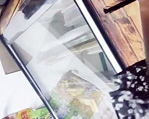 Guy spies hot upskirt view under skirt in store