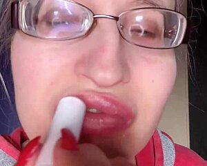 pink lipstick banana munch with glasses and long nails, asmr lip food fetish explosion!!