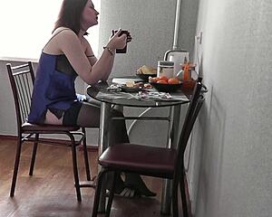 Sweet Assol's legs and ass tease in kitchen lingerie