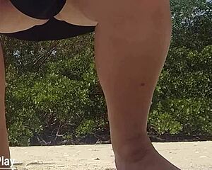 whoa chubby milf's fat pussy lips drip piss on beach skirt up!! 🌊💦