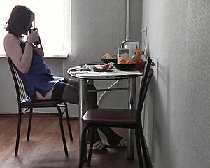 Sweet Assol's legs and ass tease in kitchen lingerie