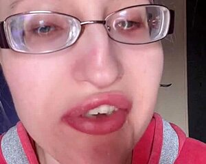 pink lipstick banana munch with glasses and long nails, asmr lip food fetish explosion!!