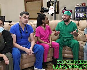 nurse sneaks backstage to stroke cock on exam table moaning hard