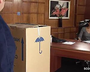 damn this nympho latina cougar boss gags on delivery boy's monster cock at work