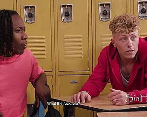 Banging Blonde Student Double Penetrated on Classroom Bench