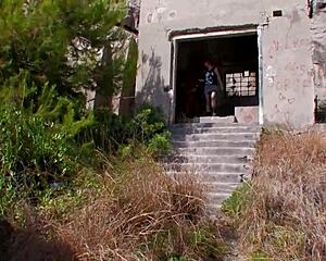 pink haired babe rides muscular stud's cock outdoors rough doggystyle