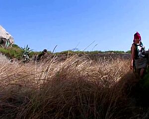 pink haired babe rides muscular stud's cock outdoors rough doggystyle